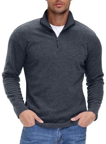 EKLENTSON Fleece Sweatshirt Men Winter Warm Outdoor Long Sleeve Thick Fleece Pullover Shirt Quarter-zip Work Sweater Jumpers Black,L
