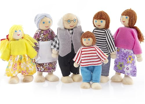 DUINIU 6 Pieces Dollhouse Family Figures, Wooden Dollhouse Family Set, Dollhouse Toy Set, Mini Doll Family, Kids Dolls, Miniature Dollhouse Toys