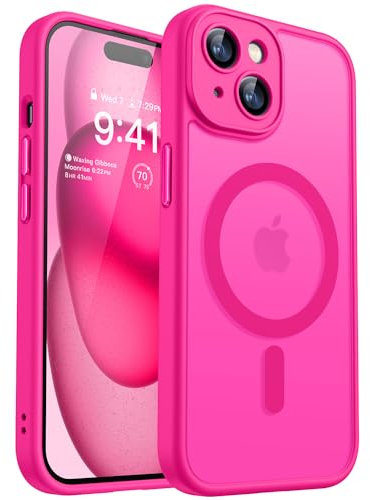 CANSHN Funda Magnética para iPhone 15, Compatible con MagSafe, [Protección Total de La Cámara], Carcasa Fondo Mate Translúcido 6.1 Pulgadas, Rosa Vivo