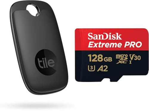 Tile Pro (2022) Bluetooth Item Finder, 1 Pack, 120m finding range, works with Alexa & SanDisk 128GB Extreme PRO microSDXC card + SD adapter + RescuePro Deluxe, up to 200 MB/s