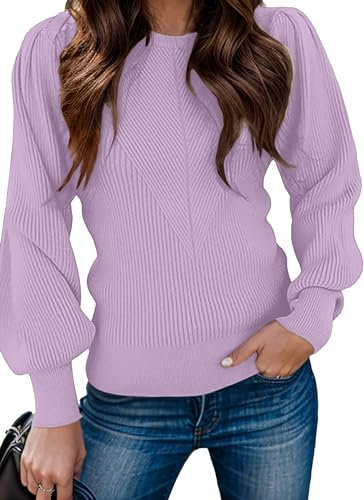 Zeagoo Pullover Damen Herbst Strickpullover Langarm Rundhals Sweater Herbst Pulli Elegant Sweatshirt Gestrickt Oberteile Violett M