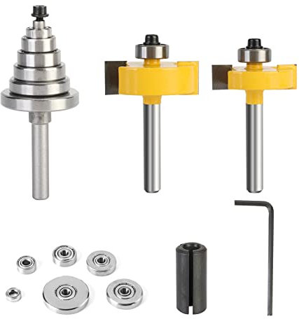 Yueqing Zhongji Rabbet Router Bit 1/4 Inch with 6 Bearings,Carbide Tipped Rabbeting Router Bit Set for (Multi Depths 1/2, 7/16, 3/8, 5/16, 1/4, 3/16, 1/8, 1/16) Interchangeable Bearings