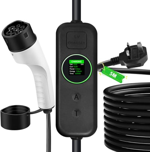 5M EV Charger Cable Type 2 to UK 3 Pin Plug, for EVs & PHEV | Portable Electric 3.6KW Car Charger with LED Display, 8/10/13/16A Type 2 Charging Cable