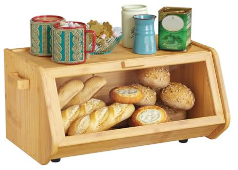 AMBIRD Bamboo Bread Bin - Keep Bread Fresh for Kitchen Counter, Large Capacity Wooden Bread Storage Container, Farmhouse Style Bread Box with Window Bread Holder