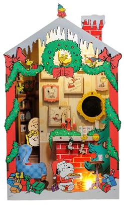 Hands Craft Peanuts Christmas Book Nook Kit. Touch-Sensitive LED Light-Up Holiday House, 3D Wooden Puzzle. Bookshelf Diorama with Charlie Brown and Snoopy. DIY Christmas Decoration