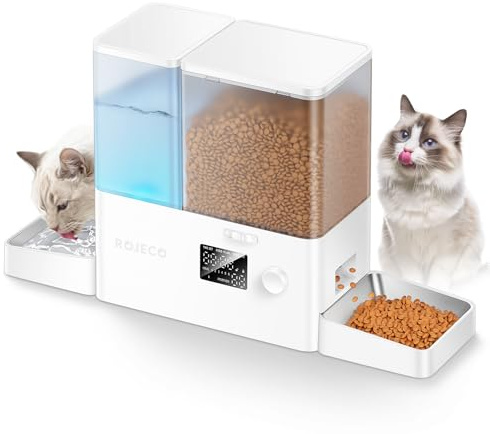 Rojeco Distributeur Automatique de Nourriture et d'eau 2-en-1, 5L pour Chat avec Réservoir d'eau de 3.5L, Distributeur de Croquettes Programmable avec Affichage LED, pour Petits et Moyens Animaux