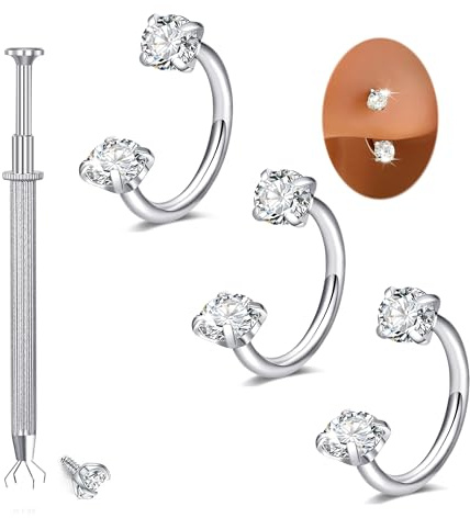 Longita Horseshoe Nose Ring for Women Double Gem Horse Shoe Nose Ring Hoop 20g Surgical Steel Silver Cartilage Helix Tragus Earring Hoops Labret Lip Piercing Jewelry Small Septum Rings 20 gauge 3pcs