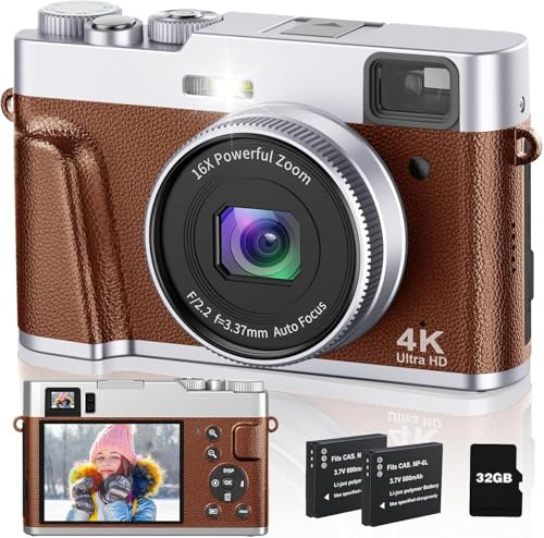Appareil Photo numérique 4K 48 MP Anti-tremblement avec Carte de 32 Go, 2 Batteries de 800 mAh, Zoom numérique 16x, Appareil Photo Compact 4K pour débutants