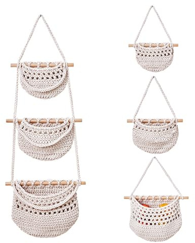 Hanging Fruit Basket, 3-Tier Macrame Hanging Storage, Boho Decorative Hanging Organiser, Detachable Design, Suitable for Storing Fruit, Vegetables, Snacks and Similar Items, Beige