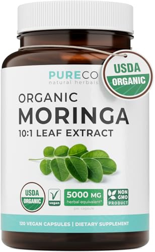 USDA Organic Moringa Capsules - High Potency Organic Moringa 500mg Extract 10:1 Per 1 Capsule Per Serving - Nutrient Dense Green Superfood Antioxidant - Vegan & Non-GMO Moringa (4 Month Supply)