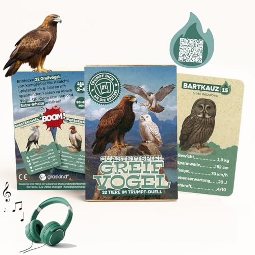 Juego de cuarteto de aves rapaces, juego de cartas con 32 aves rapaces en duelo de triunfo, innovador juego educativo con contenido de audio (código QR) para niños a partir de 6 años, sostenible de