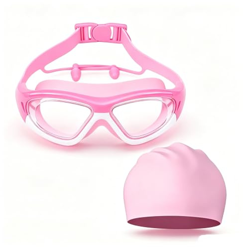 JBLJDWD 2Pcs Girls Swimming Goggles, Pink Swimming Set with Swim Cap and Goggles, Two-Piece Swimming Gear for Girls, Comfortable Fit for Pool Activities, Secure Design for Water Sports