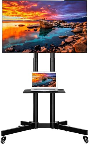 Yaheetech TV Ständer rollbar, mobiler TV Bodenständer, TV Standfuß für Fernseher 32-75 Zoll, höhenverstellbarer Fernsehstand mit Doppelstangen & Ablage, Max. VESA 600 x 400 mm