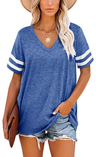 Aokosor Oversized T Shirts for Women V Neck Striped Sleeve Summer Tops Casual Loose Tee Blue Size 22-24