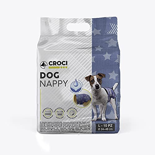 Croci Dog Nappy Jeans - Culotte absorbante pour chiennes, Taille L - Ø 34-48 cm, Couche hygiénique chaleurs et Pipi, Anti-odeurs, jetable, Fermeture adhésive réglable, 10 pcs