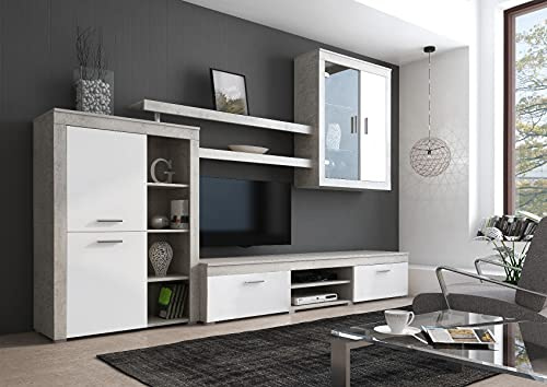 Dmora Parete attrezzata da soggiorno, Mobile porta TV, scaffali e vetrinetta, Salotto moderno completo, Made in Italy, cm 293x50h144, colore Bianco e Cemento