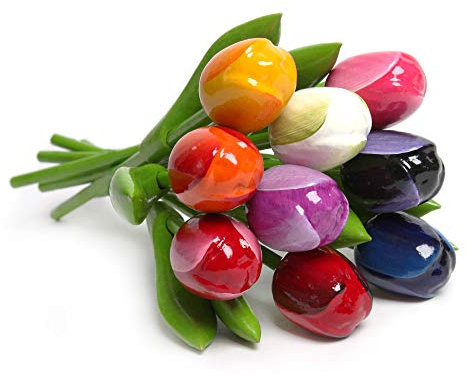 MomoMoments Bouquet de tulipes en bois de qualité supérieure pour votre bien-aimé - 9 tulipes en bois peintes à la main - 21 cm de haut - Décoration - Fleurs artificielles - Fabriqué en Hollande