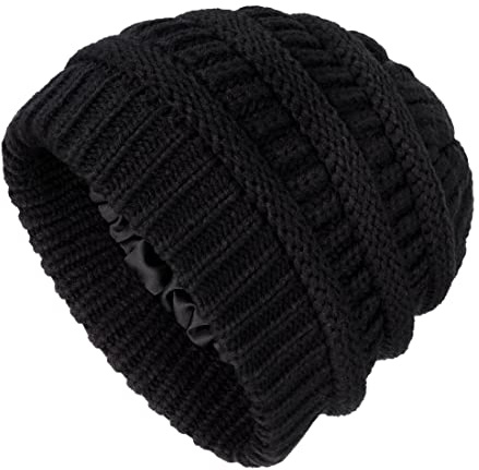 Gorro para Mujer Niña de Invierno Suave y Cálida Sombrero de Punto Gorro de Punto con Forro de Satén para Correr, Montar en Bicicleta, Actividades al Aire Negro