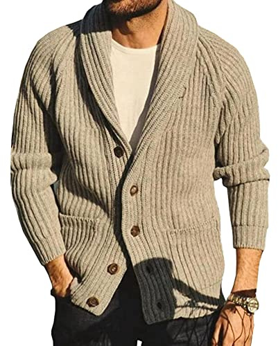 Cárdigan de Punto Hombre Suéter Grueso con Botones Chaqueta de Punto con Cuello de Chal Cálido Manga Larga Prendas de Punto Abrigo de Suéter de Punto Invierno Rebecas Hombre Casual Jersey Caqui M