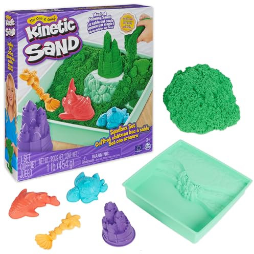 Kinetic Sand Sandbox Set Grün - mit 454 g original magischem kinetischem Sand aus Schweden, 1 Sandbox, 3 Förmchen, 1 Schaufel für kreatives Indoor-Sandspiel, ab 3 Jahren