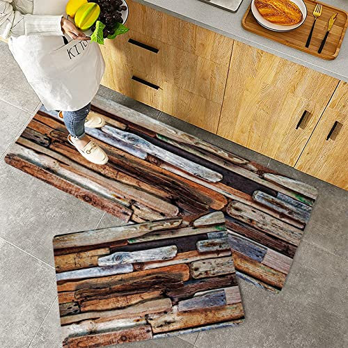 Küchenteppich Teppich Läufer Küchenläufer 2 Stück rutschfest,Treibholz, Holz Thema Treibholz und knorrigen Planken Vintage ative Design Digitalbild, Mu, Waschbar für Flur Küche 40 x 100 cm+40 x 60 cm