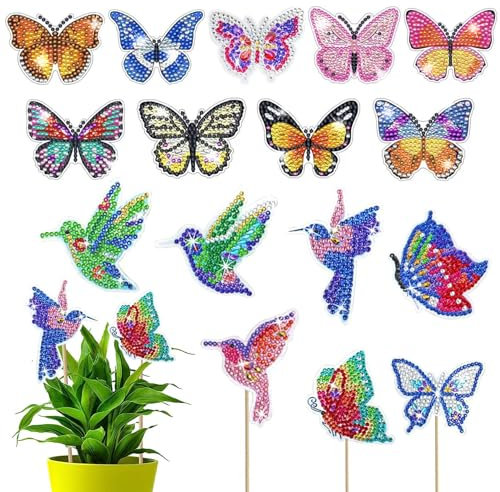 Lymshine 16 Stück Diamond Painting Schmetterling und Vögel - Diamant Painting Schmetterlinge Frühling Gartenstecker 3D Diamond Painting Butterfly Diamond Art Kits für Gartendekoration…