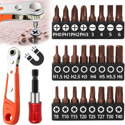 Mikqky Set Mini Chiave a Cricchetto 1/4 Con Cacciavite Angolare - 26 Pezzi Con 24 Punte Diverse (1/4 Pollici)