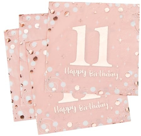 Servetter 11. födelsedag, 30 stycken rosa födelsedagsservetter, grattis på födelsedagen 11 servetter, 3-lagers Milestone 11 bordsdekoration pappersservetter för flickor födelsedag firande fest årsdag