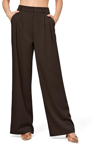 WILLIT - Pantalones de pierna ancha para mujer de tela, cómodos y elegantes, pantalones casuales de mujer con cintura alta, pantalones de negocios con bolsillos, 30 Marrón oscuro XL