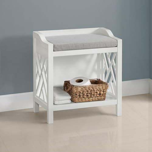 Alaterre Furniture Coventry Bench Stool with Cushion - Pine Wood Bench for Entryway or Bathroom Storage - Use as Shoe Rack, Vanity Chair and More (White)