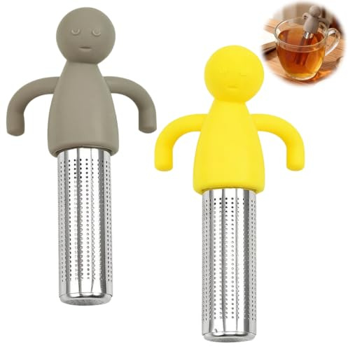 2 stycken tesilar, tesil för lösa tepåsar, tefilter rostfritt stål, kreativ humanoid tebryggare med handtag, teägg för löst te för teälskare, vänner och familj (brun, gul)