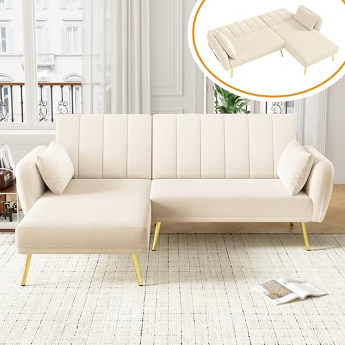 KecDuey Sofá plegable moderno en forma de L, sofá cama con esquina adicional, sofá esquinero con función de dormir, adecuado para salón, dormitorio, cine en casa, habitación de invitados (beige)
