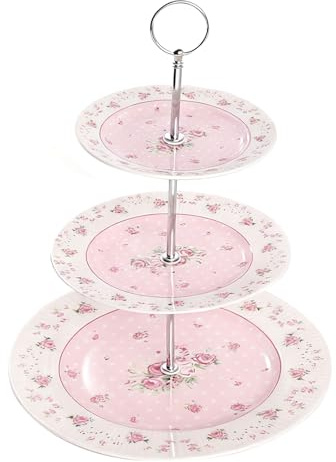 Yeqqzq Floral 3 Tier Cake Stand, Ceramic Cake Stand Wedding, Dessert Stand for Cookies, Cupcakes & Fruits, Dishwasher Safe (Pink)