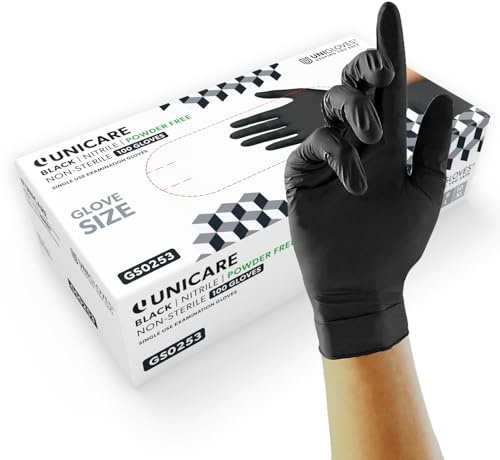 Unigloves Unicare Gants d'examen en nitrile - Polyvalents, sans poudre, gants jetables de qualité médicale - Boîte de 100 gants, Noir, taille XL (GS0255)