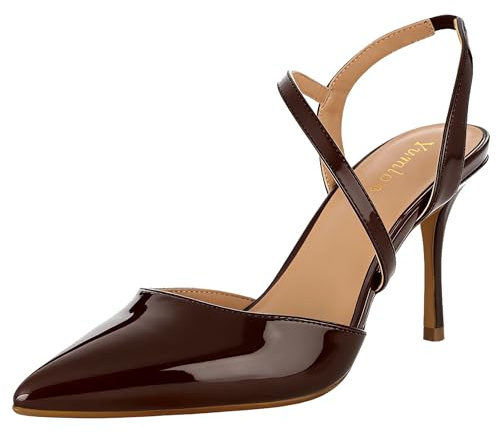 Yumlon Closed Toe Slingback Heels Wedding High Stiletto Heel for Women 3.3 Inch Ankle Strap Pointed Toe Pumps Prom Dress Bride Shoes for Dinner Party Sexy Glossy Brown
