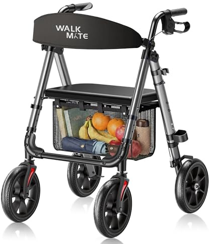 WALK MATE Rollator Walker for Seniors, 10 Inch Big Wheels, Reinforced Aluminum Frame 350lb Weight Capacity, Foldable All Terrain Rolling Walker with Seat, Lightweight Adjustable Height, Grey