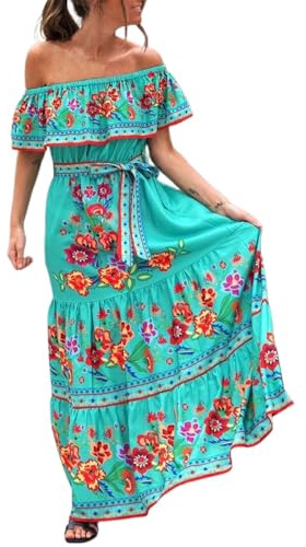 lozssnigzi Robe Longue Femme | Mexicaine Traditionnelle | Épaules Dénudées | Jupe Ample | Imprimé Floral Rouge | Bohème Chic Été