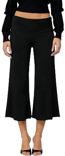 Thseonde Fold Over Gaucho Pants for Women Flowy Wide Leg Yoga Capris Elastic Low Rise Cropped Palazzo Culottes (Black, S)