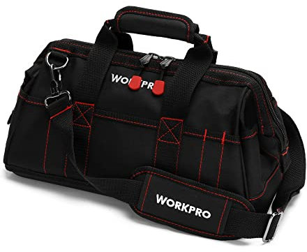 WORKPRO Werkzeugtasche Elektriker 40CM/16, Breite Öffnung & Große Kapazität, Profi Werkzeugtasche mit wasserdichtem Boden & verstellbarem Schultergurt, Schwarz und Rot