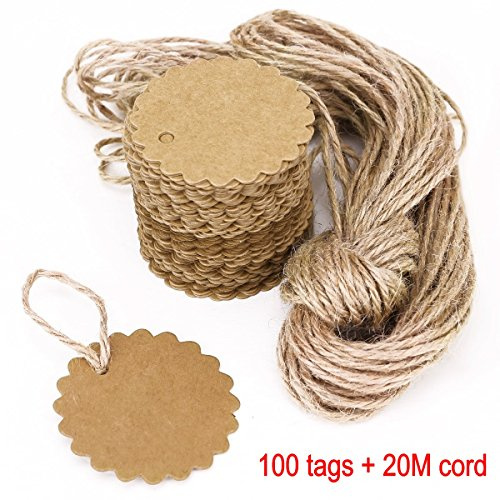 JZK 100 Rotondo targhette carta kraft + 20M spago corda juta, cartellini cartoncini per bomboniere regali prezzi per matrimonio compleanno battesimo comunione, etichetta marrone