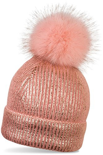 styleBREAKER Gorro Punto Metalizado Mujer con pompón Pelo sintético,Rosa