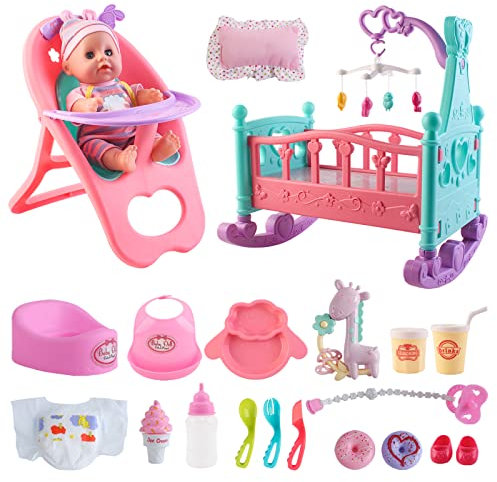 deAO Baby Puppe Puppenset, 21-teiliges Babypuppe Spielset mit Zubehör, Puppenbett & Hochstuhl Geschenk für Kinder Puppenzubehör für Mädchen ab 3 Jahre