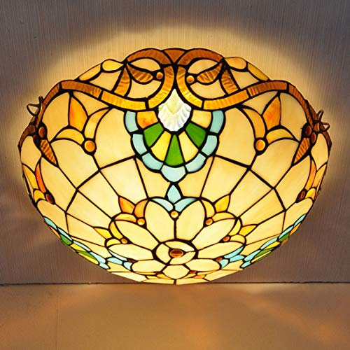 16 inch Tiffany Style Baroque Ceiling Light Flush Mount, Retro Stained Glass Bowl Shade Ceiling Lamp, Metal Decoration Hallway Ceiling Lighting Fixtures for Living Room Bedroom, E27