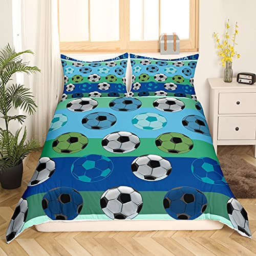 Loussiesd Jungen Bettwäsche Set Fußball Design Bettbezug Set 135x200cm Kinder Teens Fußball Print Mikrofaser Bettwäsche mit 1 Kissenbezug 80x80 cm Reißverschluss Verschluss Grün Blau 2 STK