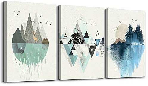 hyidecorart Cuadros abstractos verde y azul geométricos de montaña paisaje lienzo arte de pared moderno nórdico minimalista murales de pared sala de estar dormitorio comedor cocina y baño(30cmx40cmx3)