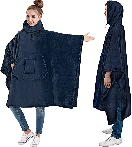 PAVILIA Coperta indossabile poncho donna uomo, felpa con cappuccio oversize maglione scaldacollo, morbido abbraccio in pile per adulti, Navy, Fleece