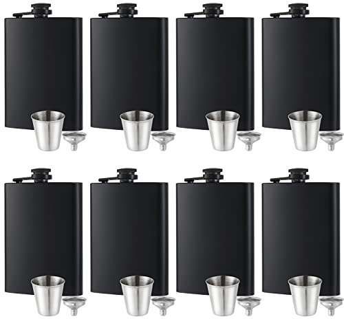 GliSun 8 pcs Flask for Liquor for Men Matte Black 8Oz Stainless Steel Leak Proof with 8 Wine Glass 8 pcs Funnel Used for Gift, Camping, Outdoor Activity, Groomsman Bridesmaid Wedding Party