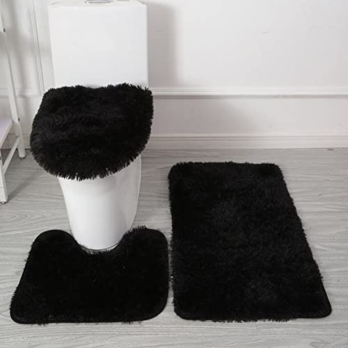 SEAHOME Bathroom Rug Sets 3 Piece Non Slip, Toilet Lid Cover and Contour Mat, Bath Mats Shower Mat for Tub (Black)