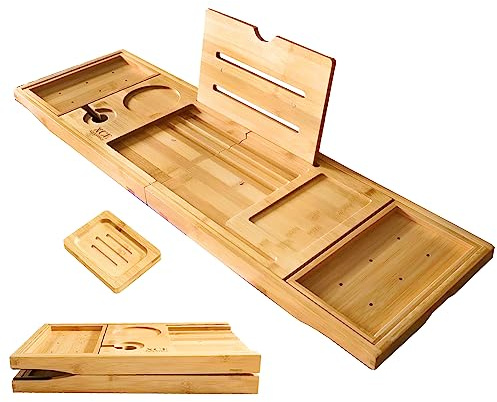 XcE Foldable Bamboo Bathtub Caddy Tray - Expandable to 41 Inches with Non-Slip Pads & Book Stand for Couples Luxury Bath