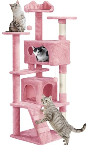 Yaheetech 158 cm Kratzbaum für Kleine und Mittelgroße Katzen, Mehrstufiger Katzenturm mit 2 Höhlen, 3 Plattformen, Sisalsäulen und Stufendesign, Stabil für Mehrkatzenhaushalte, Rosa